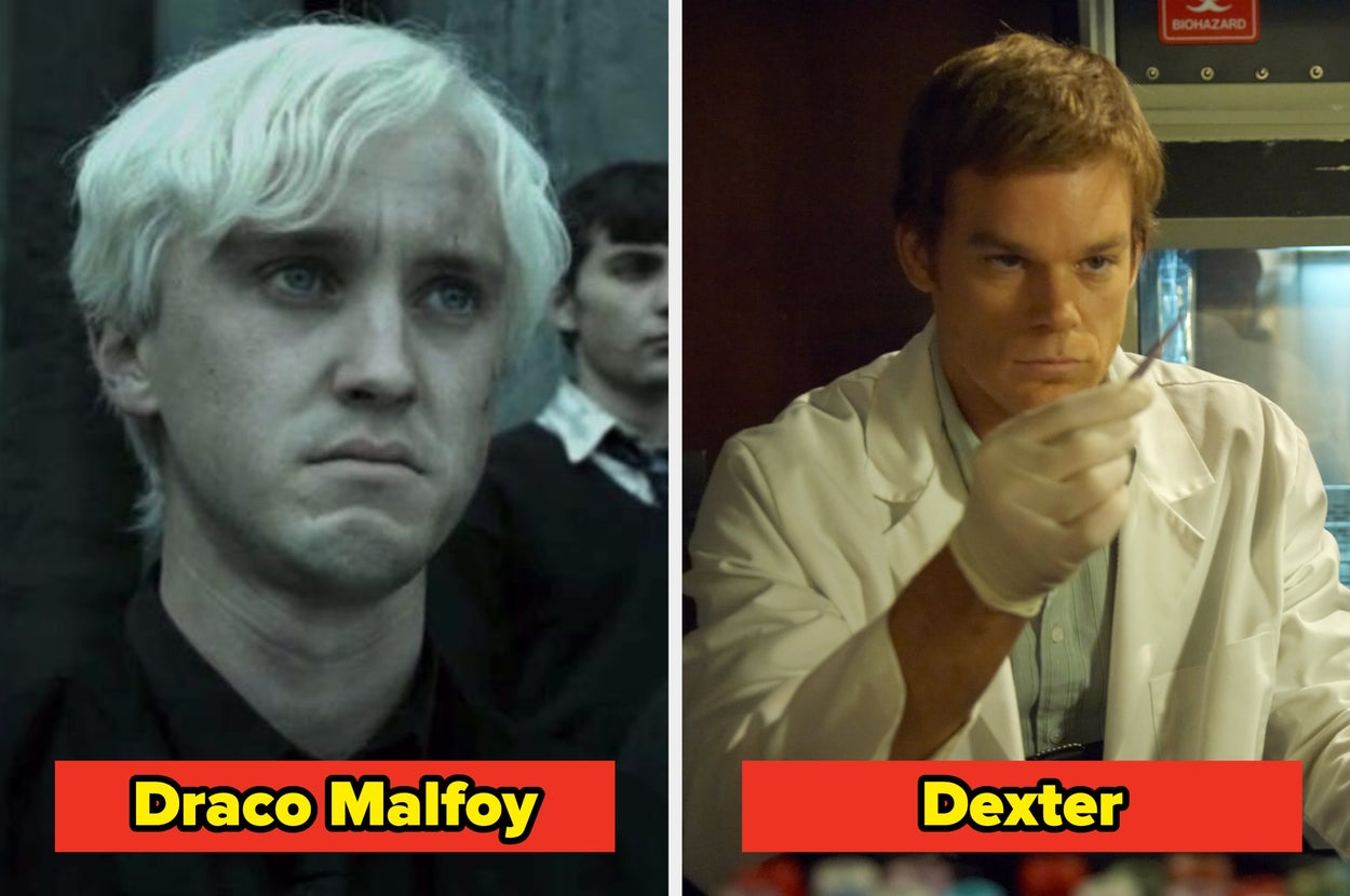 Draco Malfoy looks disheveled and sad; Dexter in a lab coat holds up a scientific tool intently