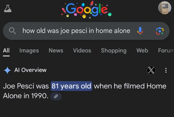Screenshot of a Google search asking how old Joe Pesci was when he filmed "Home Alone," showing the answer as 81 years old in 1990