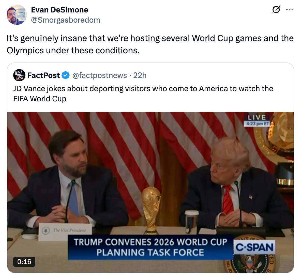 The image shows a mocked-up news scene where JD Vance and another individual are at a press conference for a World Cup planning task force