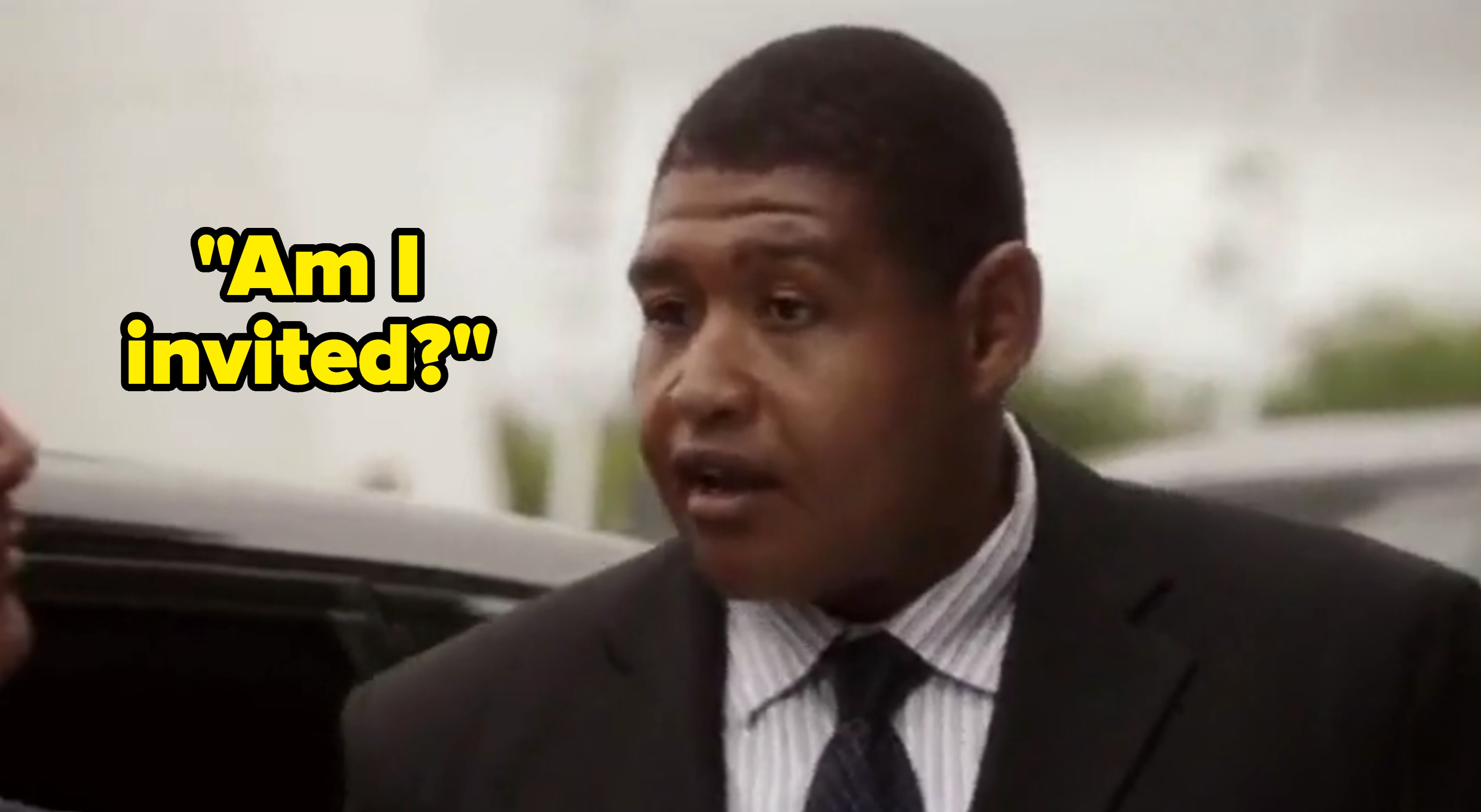 A person in a suit and tie asks "am I invited" in HBO's Ballers