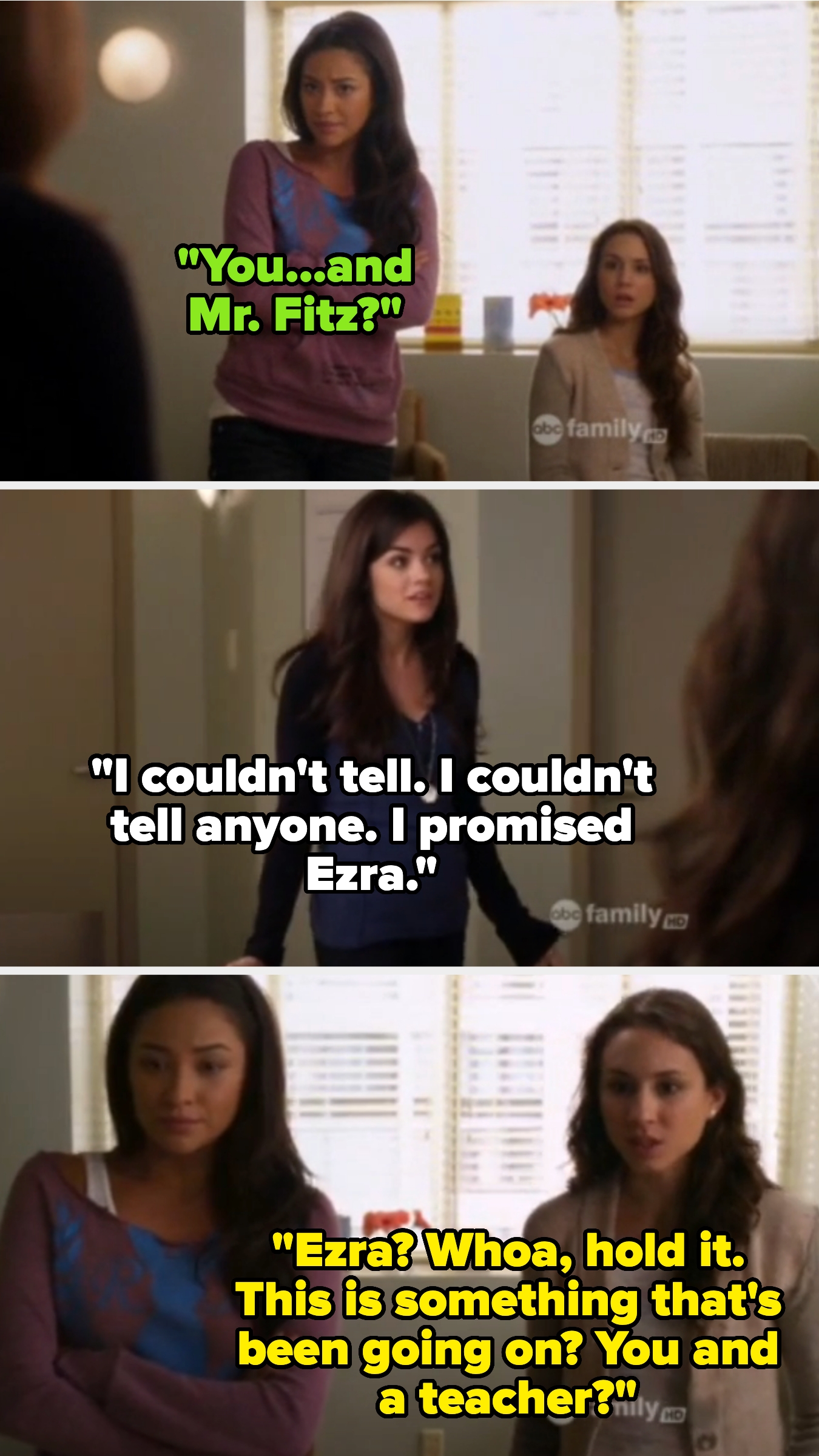 Pretty Little Liars scene where the girls realize Aria is dating Mr. Fitz, their teacher