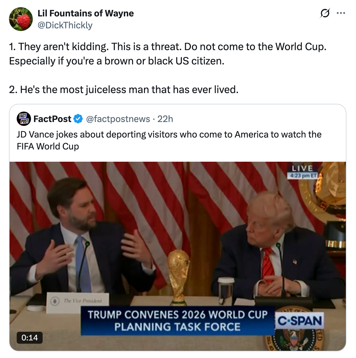 Tweet mocking a statement by JD Vance about deporting visitors attending the FIFA World Cup 2026 in the U.S