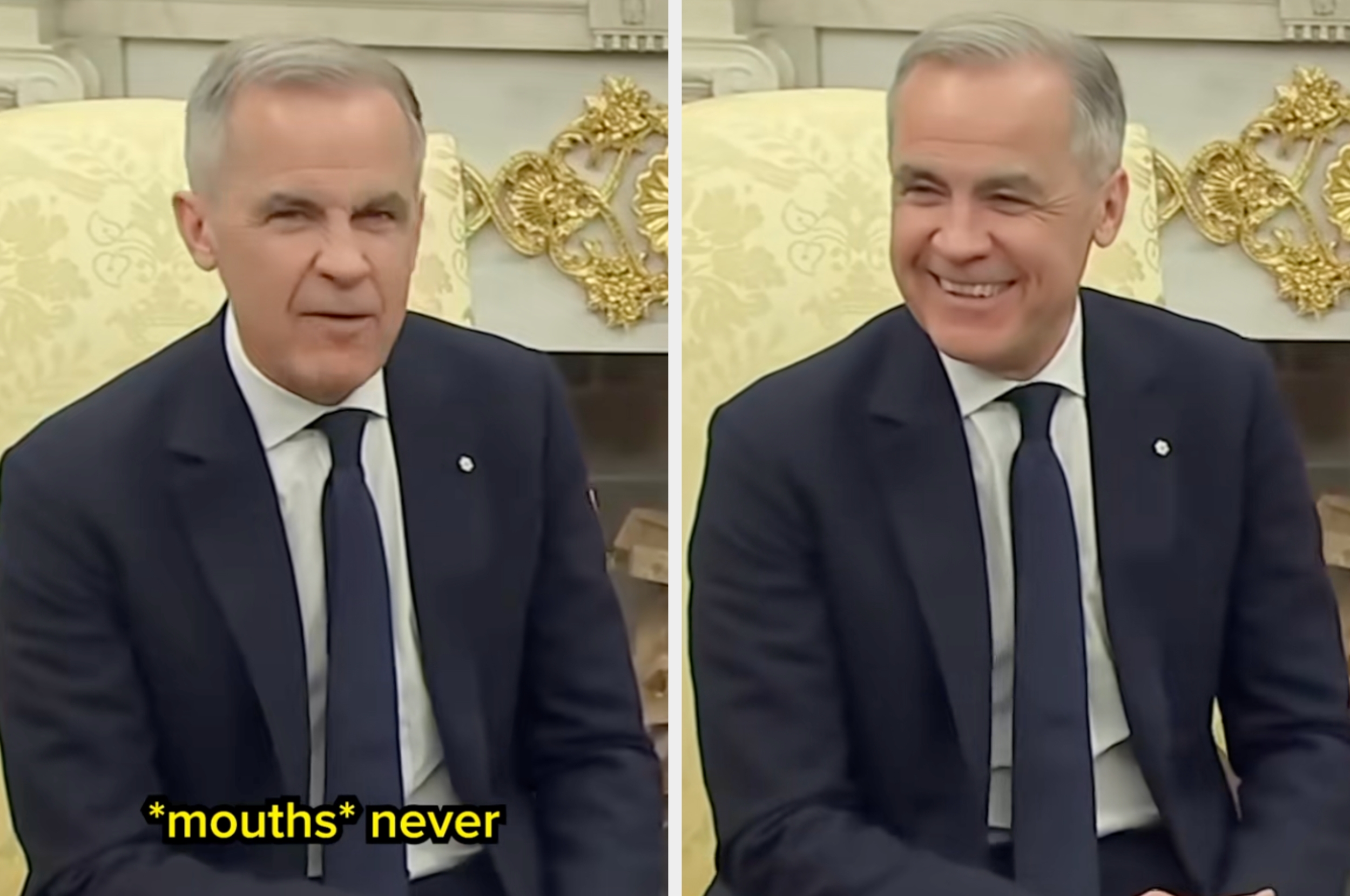 Two-panel image of a man in a suit. Left: serious expression, mouth saying "never." Right: smiling