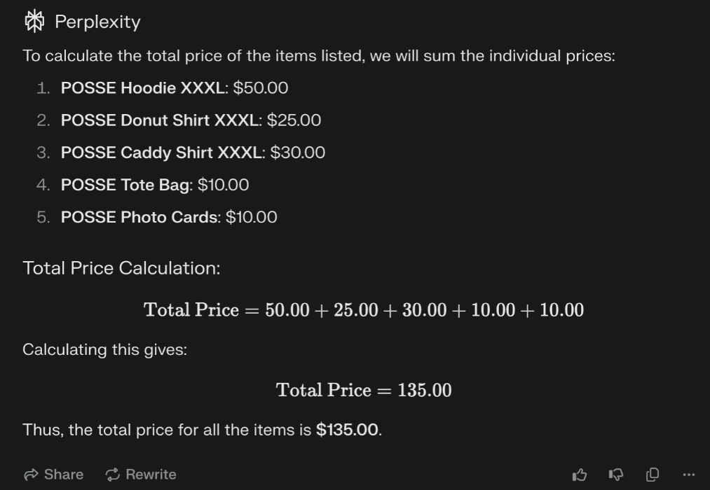 Summary of text: The total price of listed items is calculated to be $135.00, summing all individual prices