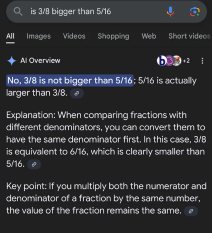 The image explains that 3/8 is smaller than 5/16, showing steps to convert fractions for comparison. It notes the equal value if multiplied by the same number