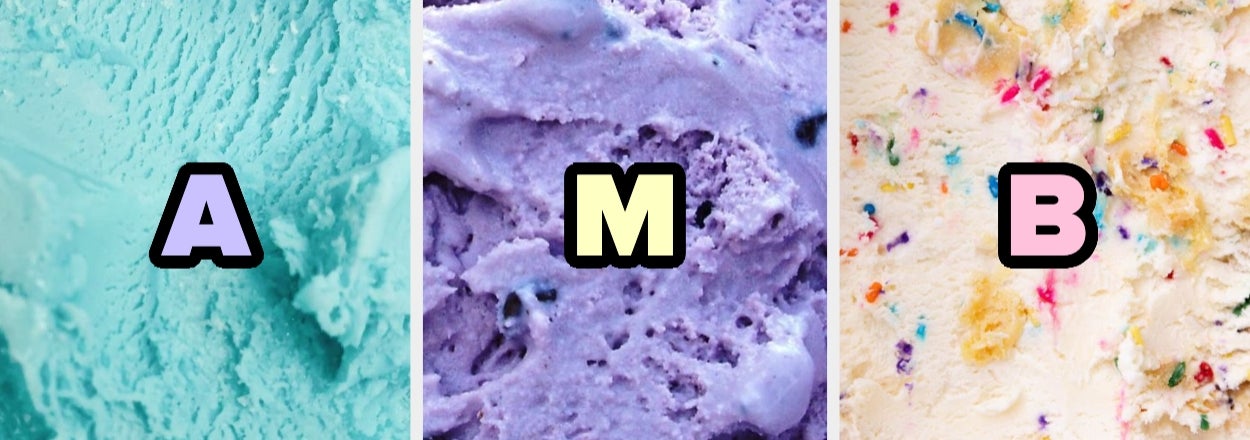 Tres tipos de helado con letras A, M, B superpuestas sobre cada uno