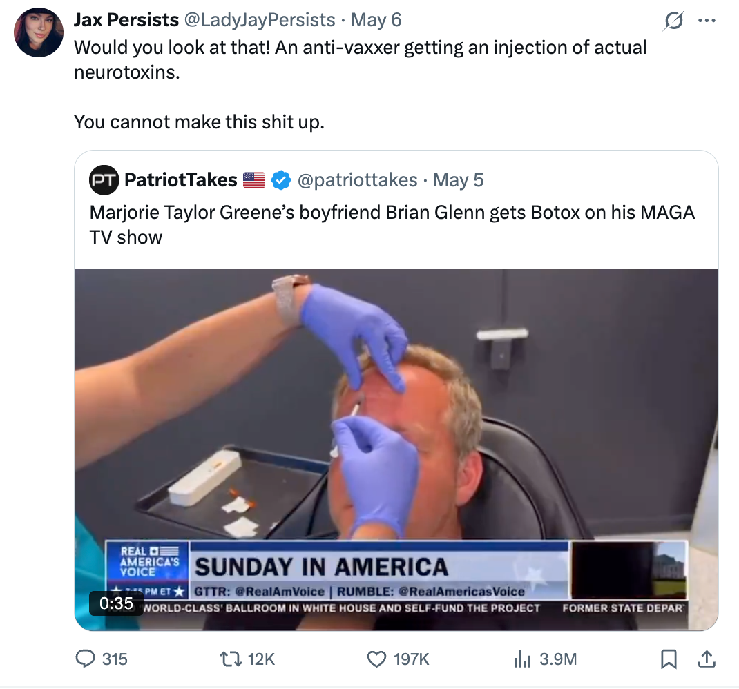 A man receives an injection in his forehead on a TV show. A tweet above comments on the irony of the situation