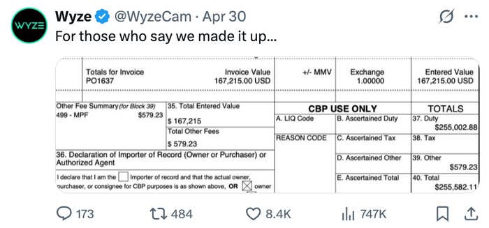 Wyze tweet showing invoice details for $167,215, emphasizing legitimacy with a breakdown of associated fees and declaration
