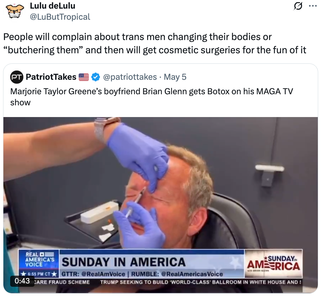 Tweet criticizing cosmetic surgeries with an image showing Botox being administered on a TV show