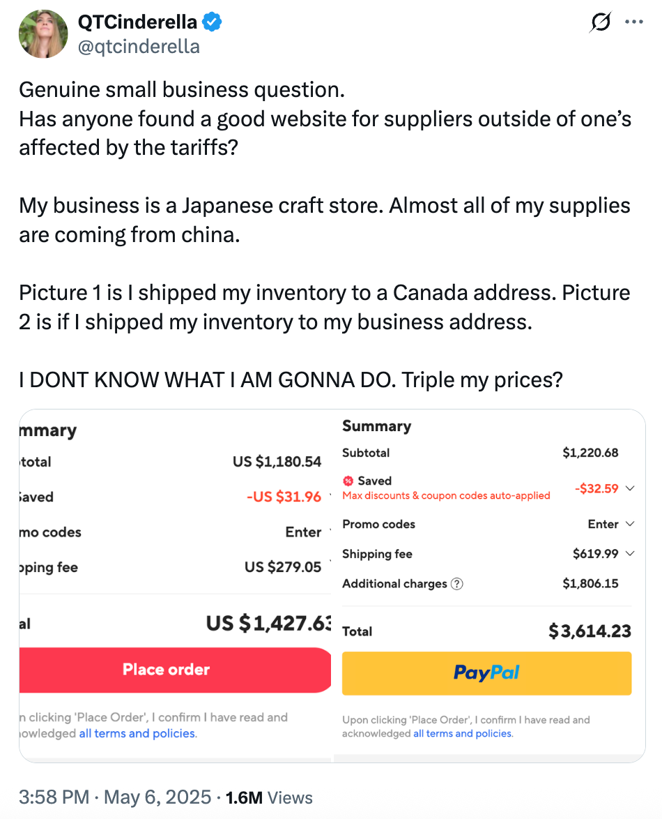 Social media post by QTCinderella about shipping tariffs affecting her Japanese craft store, showing a cost breakdown after shipping inventory to Canada