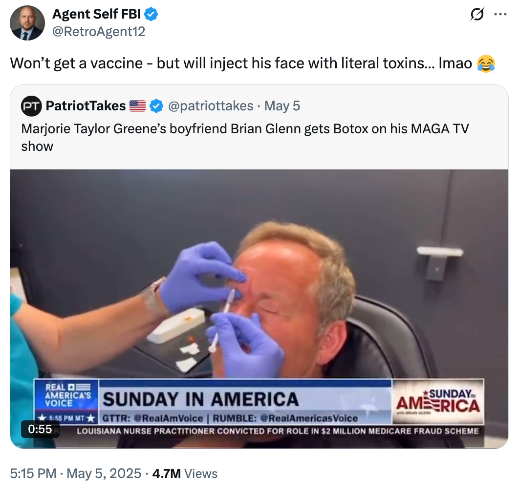 Screenshot of a news clip showing Brian Glenn receiving Botox injections, with tweet text mocking vaccine hesitancy