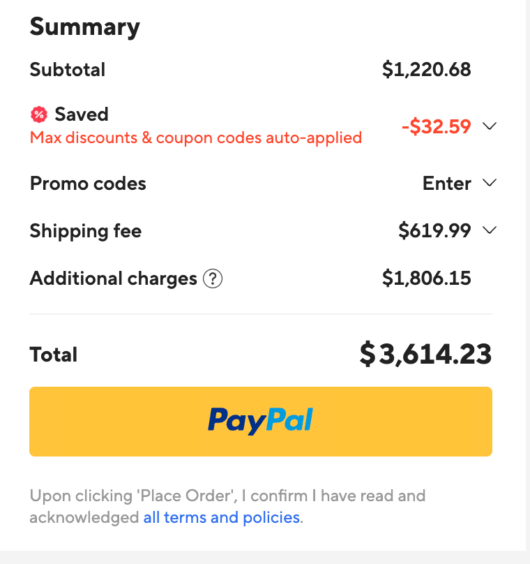 Order summary showing a subtotal of $1,220.68, with a final total of $3,614.23. Payment options include PayPal