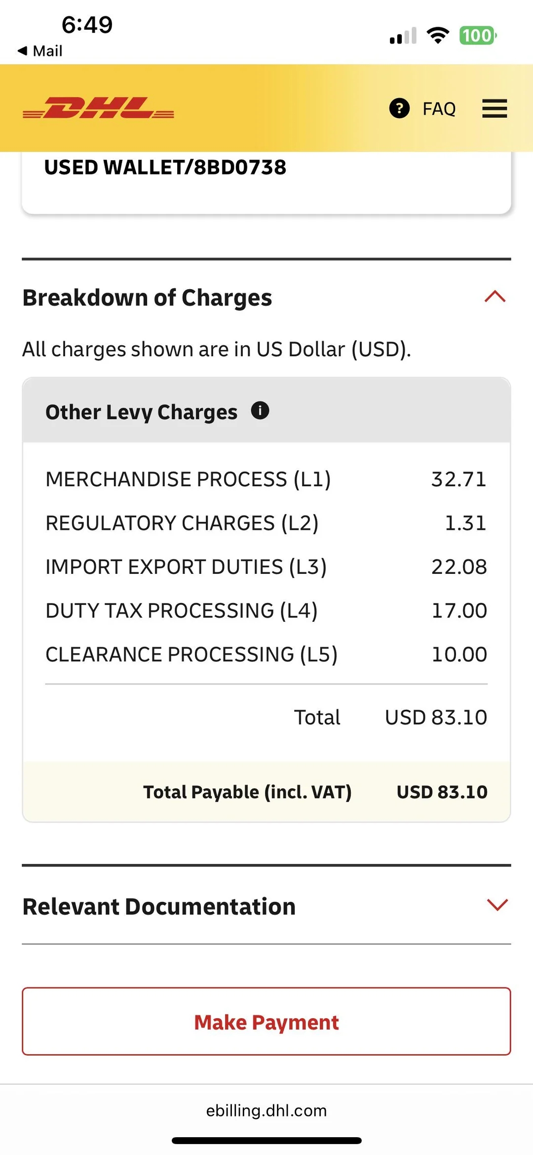 DHL payment summary showing various levy charges totaling USD 83.10, including merchandise process and import export duties