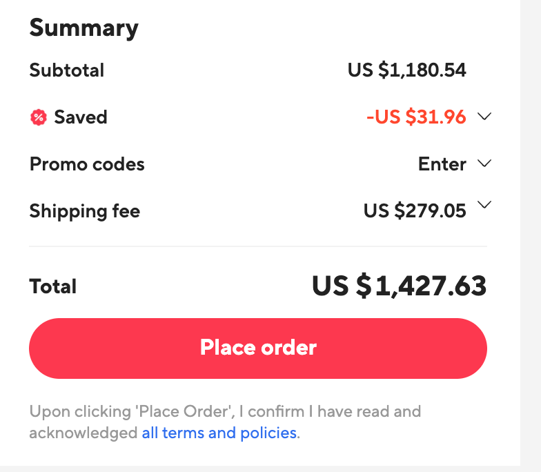 Order summary showing a subtotal of $1,180.54, savings of $31.96, shipping fee of $279.05, totaling $1,427.63 with a "Place order" button