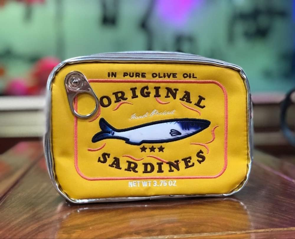 YEllow vintage style sardine tin with fish purse 