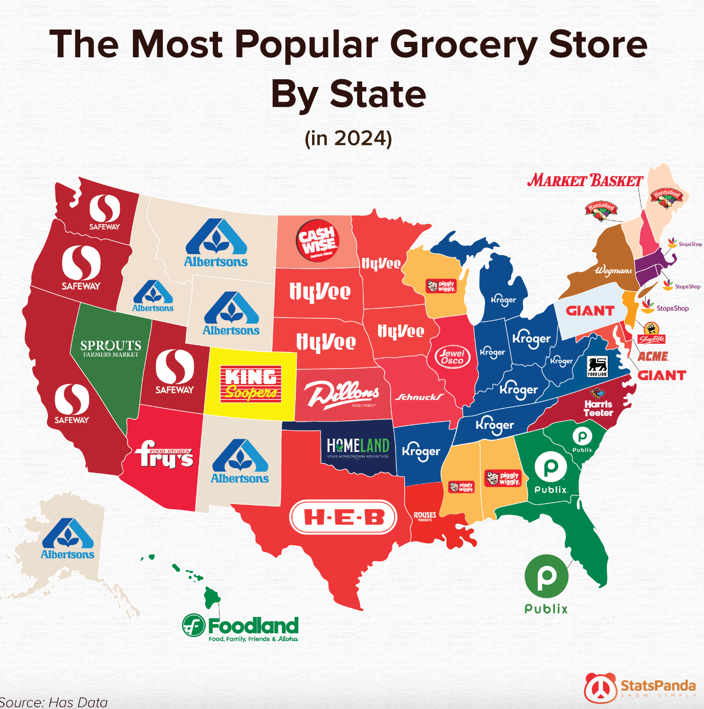 Map of the U.S. showing the most popular grocery stores by state in 2024