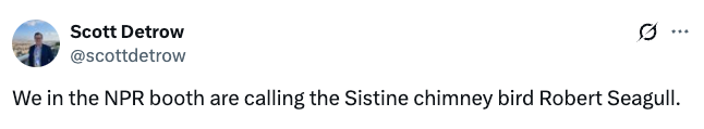 Tweet by Scott Detrow: "We in the NPR booth are calling the Sistine chimney bird Robert Seagull."