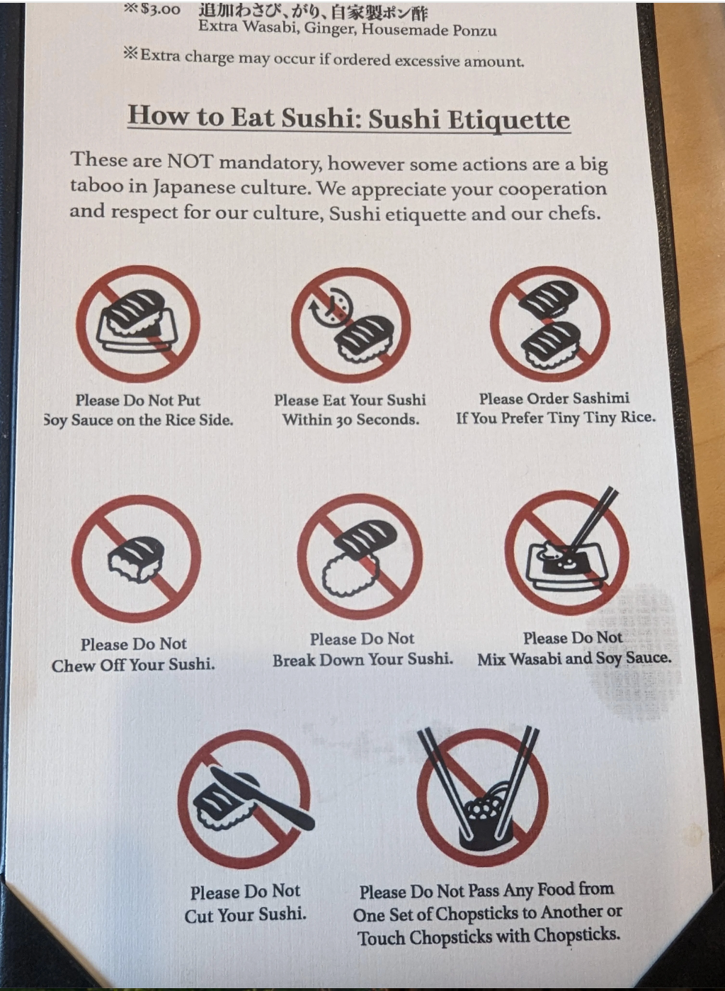 Guide on sushi etiquette with crossed-out illustrations: no soy sauce on rice, no chewing loudly, no breaking sushi, no mixing wasabi, and more