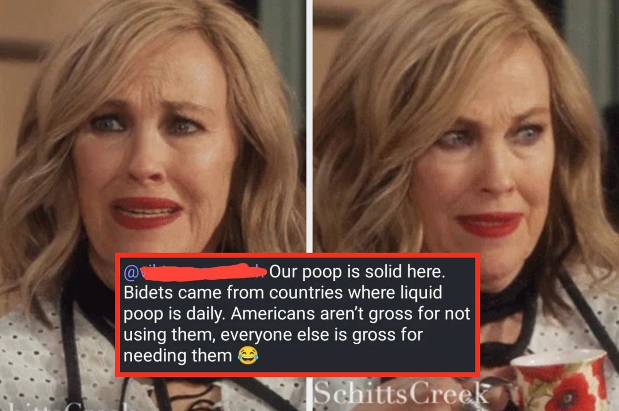 Cringing reaction image. Overlay text with american claiming poop here is solid and that's why we don't need bidets