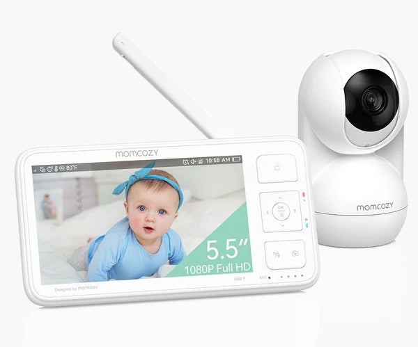 Baby monitor with a screen showing a baby and a camera unit behind it, both labeled "momcozy."