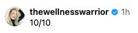 Thumbnail of a person next to the username "thewellnesswarrior" with a verified checkmark and the text "10/10."
