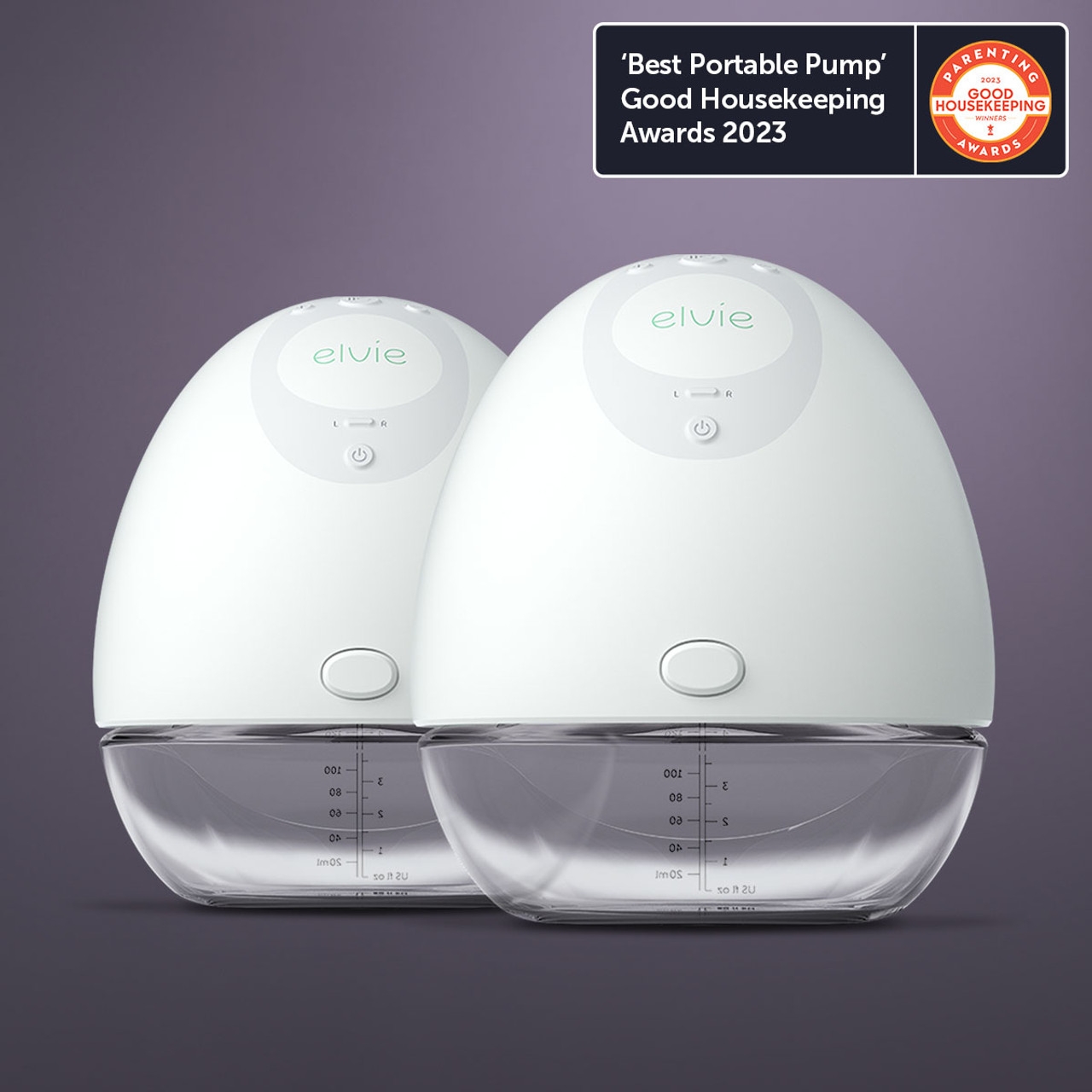 Elvie breast pumps with Good Housekeeping and Parenting Awards 2023 badges displayed