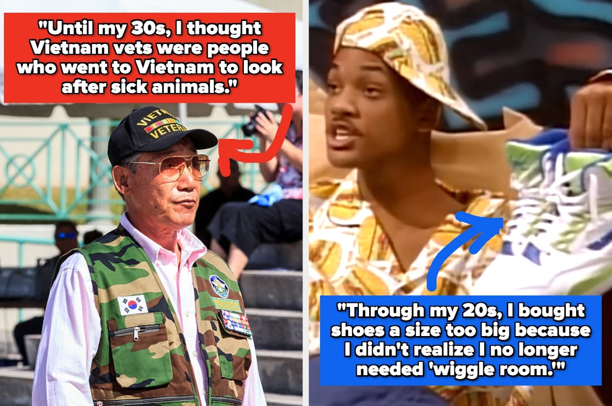 Left image: A man in a military vest with a Vietnam veteran hat. Right image: A person speaks about buying shoes too big for "wiggle room."