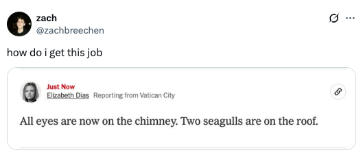 Tweet by Zach: "how do i get this job," with an article snippet saying, "All eyes are now on the chimney. Two seagulls are on the roof."