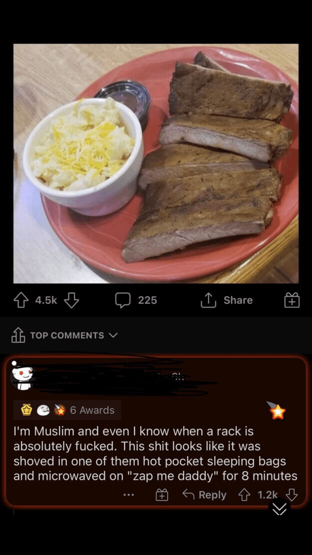 Image of ribs and mac 'n' cheese with a humorous comment saying it looks like it was put in a Hot Pocket sleeve and microwaved on "zap me daddy" for 8 minutes