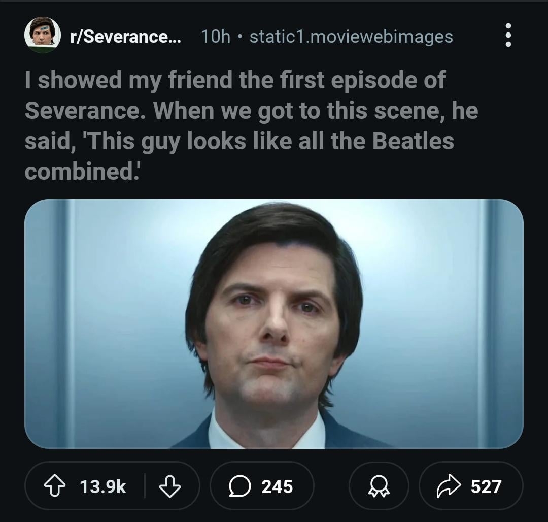 Adam Scott in a scene from "Severance." A Reddit post caption humorously suggests that he resembles all the Beatles combined