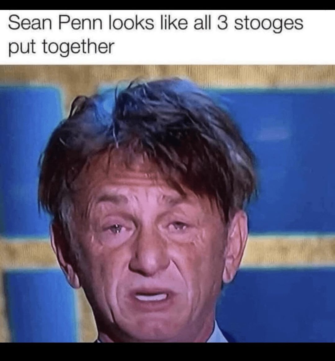 Sean Penn speaks at an awards show with a disheveled bowl haircut. Caption reads: Sean Penn looks like all 3 stooged put together