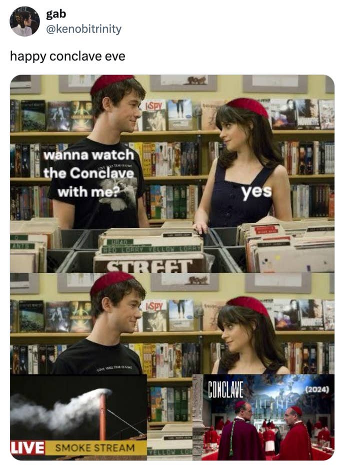 Two people in a bookstore exchange a smile over books. Text suggests watching a "Conclave," with humorous streaming images below
