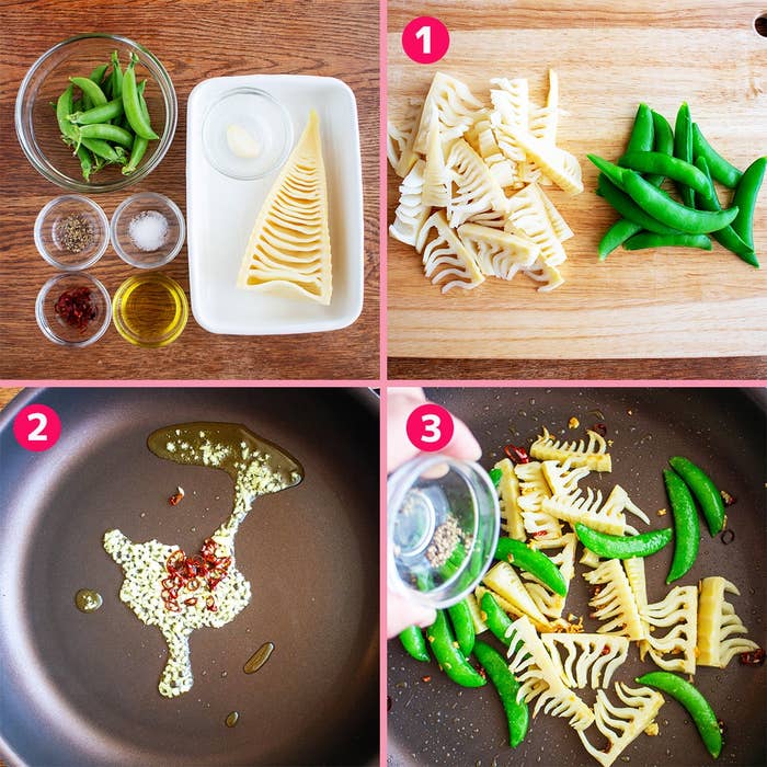 タケノコとスナップエンドウの調理: にんにくを油と共に炒め、カットされた具材が含まれています。手順1から3のプロセスを示しています。