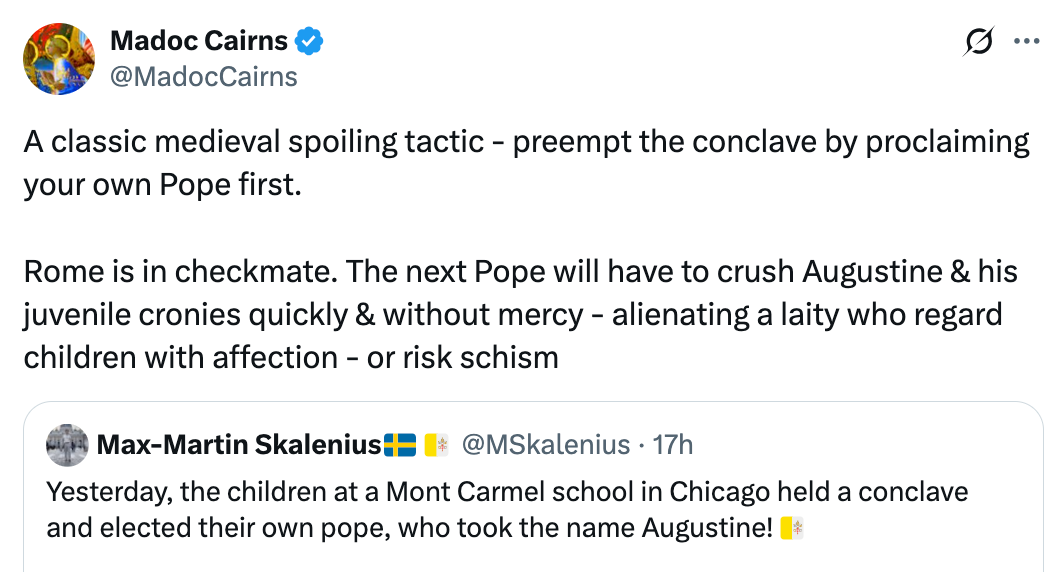 Tweet discussing a medieval strategy about proclaiming your own Pope first. Includes images of children role-playing a papal conclave at a school
