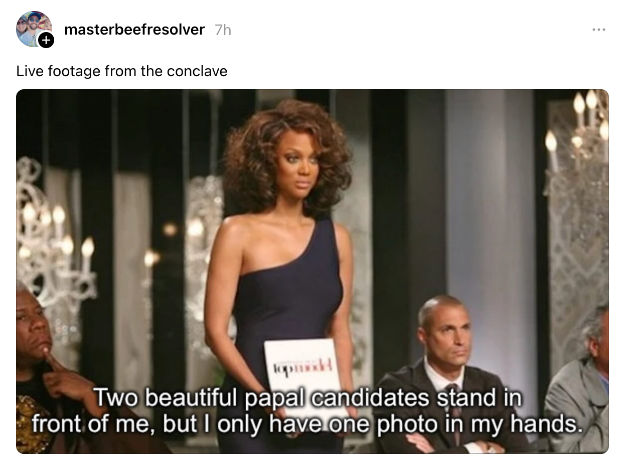 A woman in an elegant one-shoulder dress holds an envelope. Subtitles humorously reference a papal conclave scenario