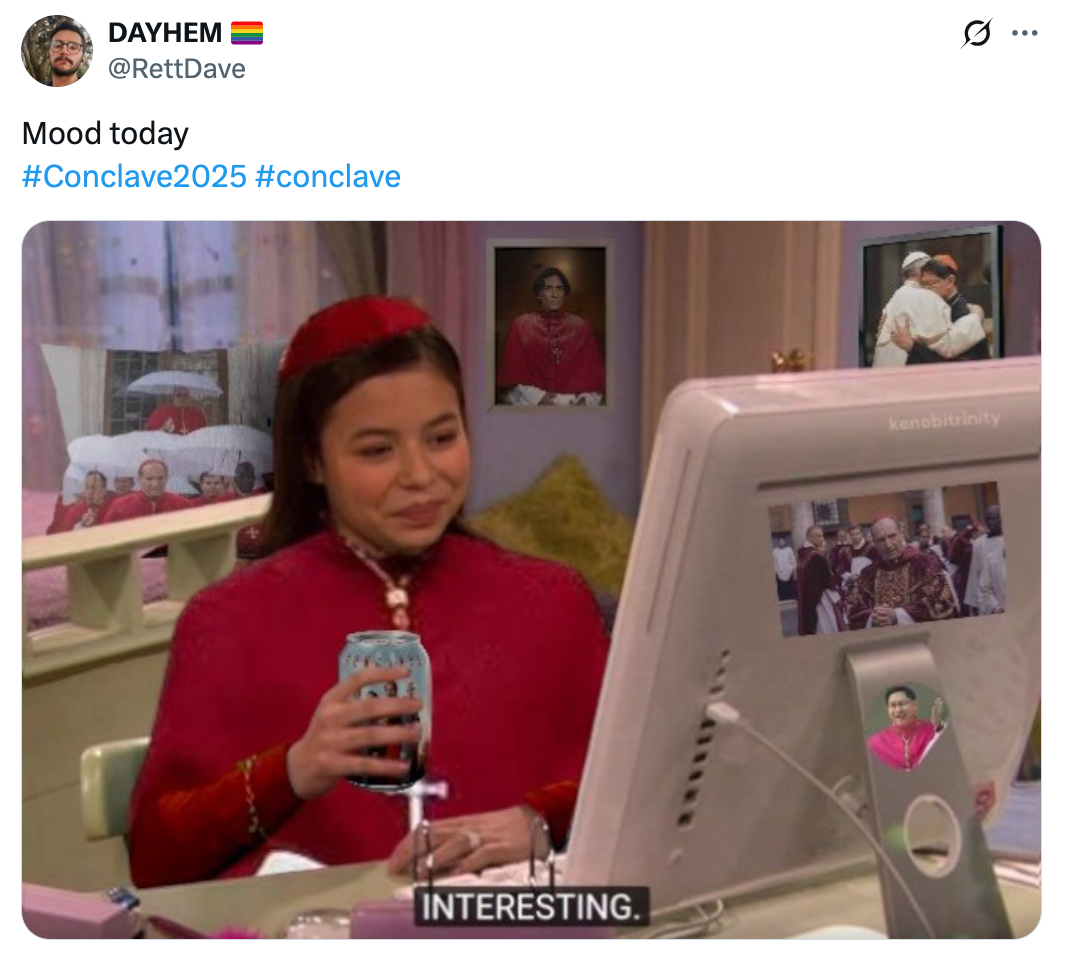 Person humorously watching TV show about a conclave while drinking from a can, with subtitle reading "Interesting." Room decorated with related photos