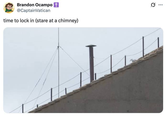 A rooftop with a chimney and railings, with a tweet above saying, "time to lock in (stare at a chimney)."