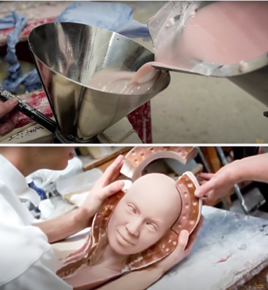 Two images: Top shows liquid being poured into a mold. Bottom shows an artist removing a face-shaped clay mold from a cast