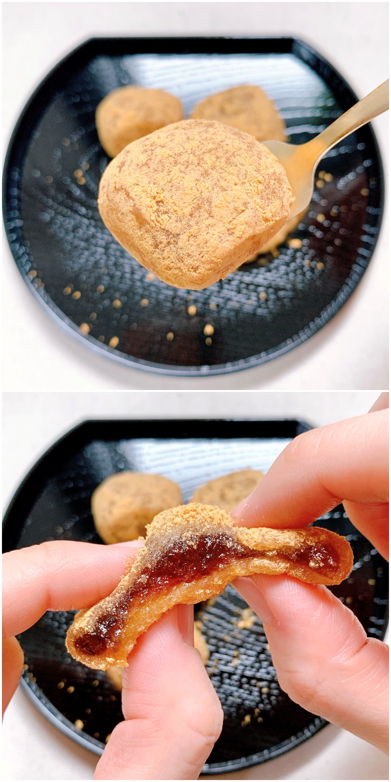 黒い皿の上に、フォークで持ち上げられたきな粉をまぶしたお菓子。中には甘い餡が入っている。