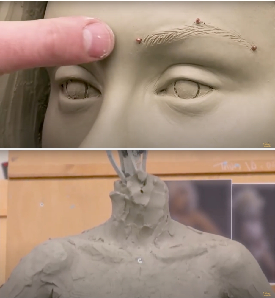 Close-up of a sculptor shaping a clay bust of a man's face, focusing on the eyebrows, and an unfinished clay torso in the background