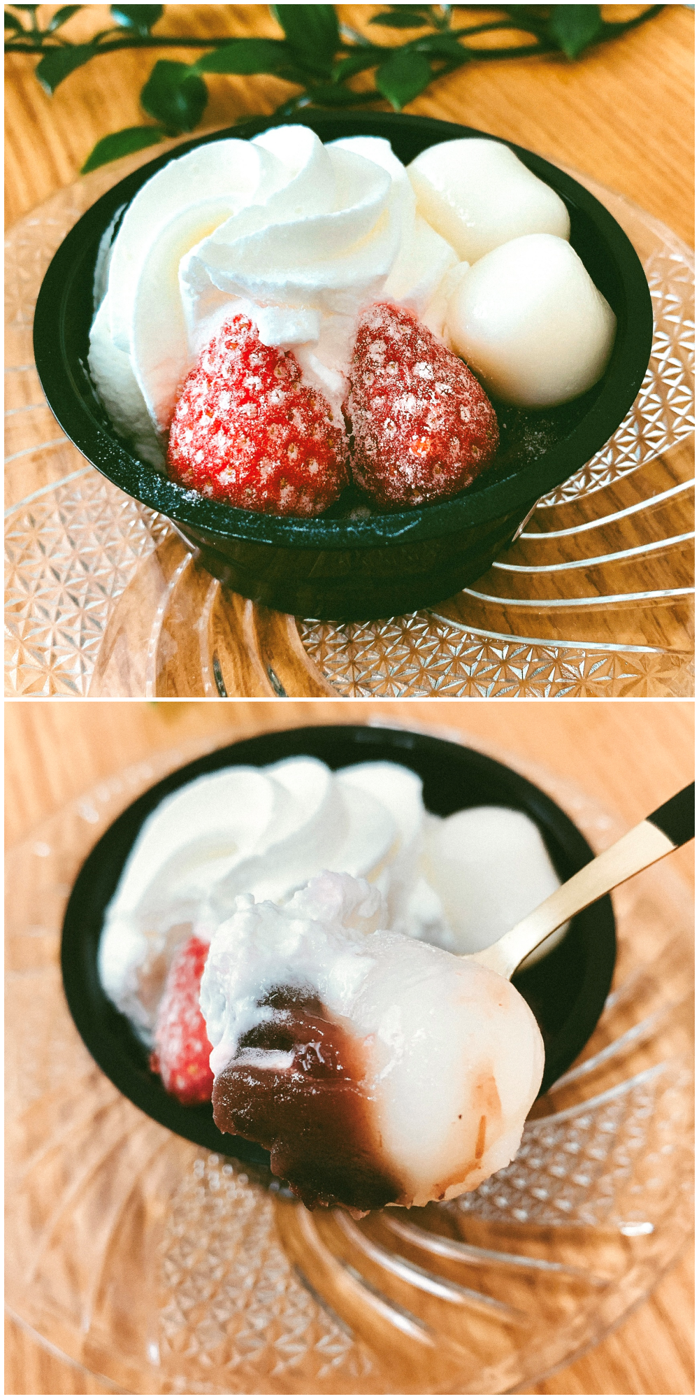 クリームと苺がトッピングされたデザート、白玉と小豆が添えられている。スプーンで持ち上げたシーンも含む。