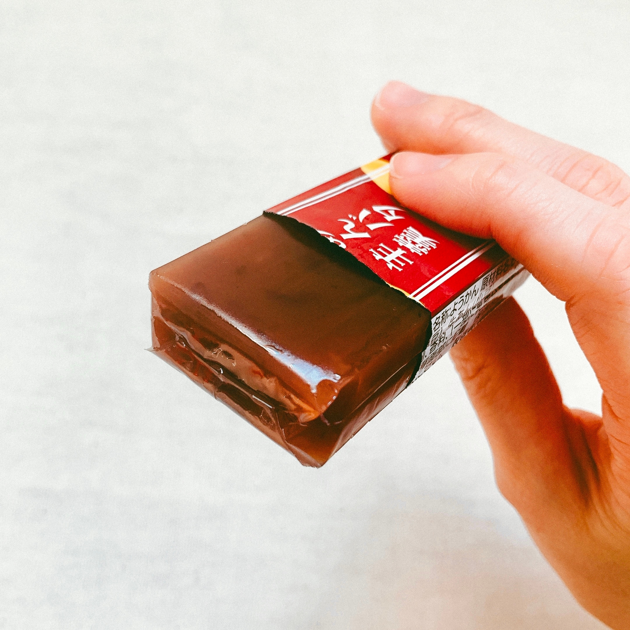 手に持たれた長方形の羊羹。