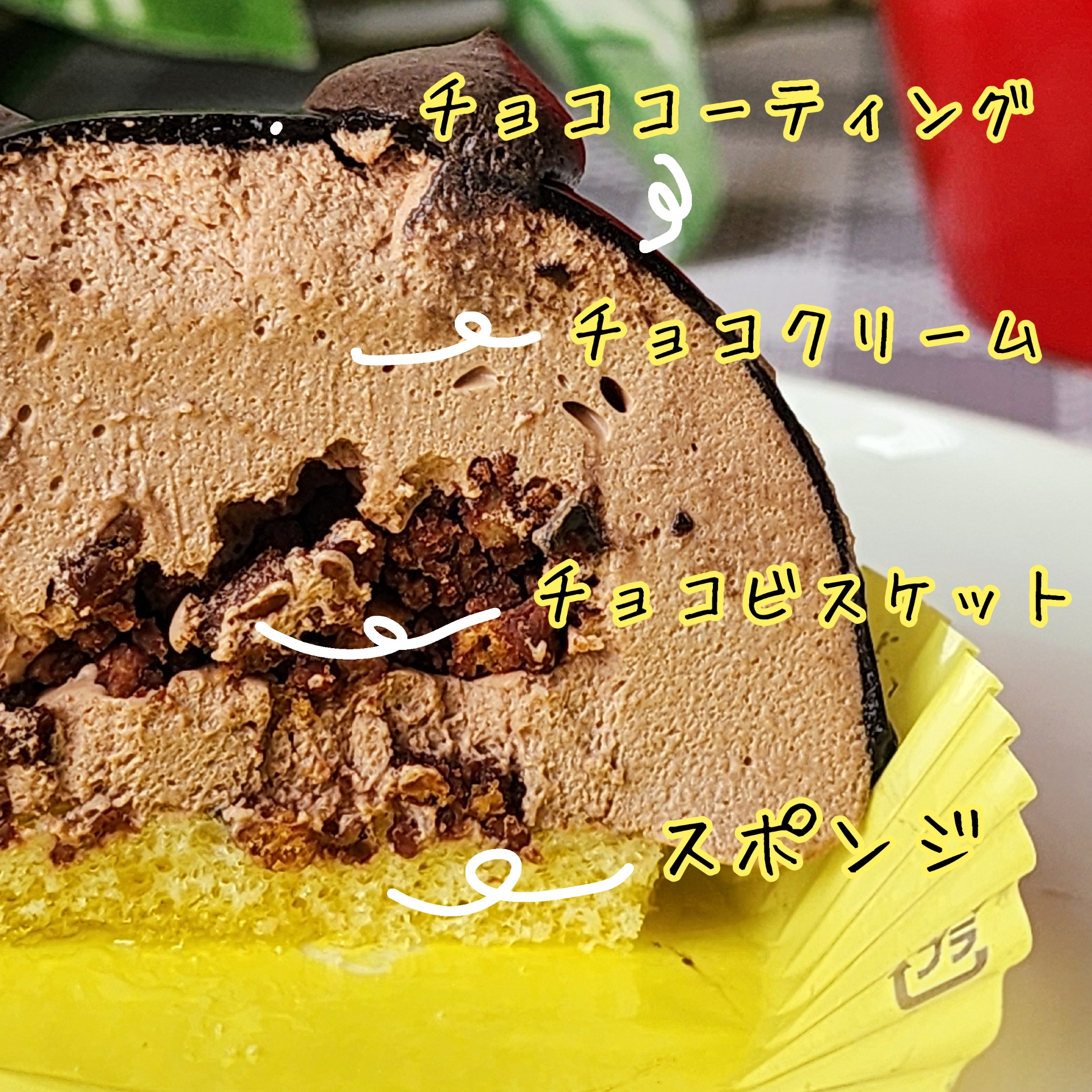 チョコレートムースケーキの断面。チョココーティング、チョコクリーム、チョコビスケット、スポンジの層が見える。