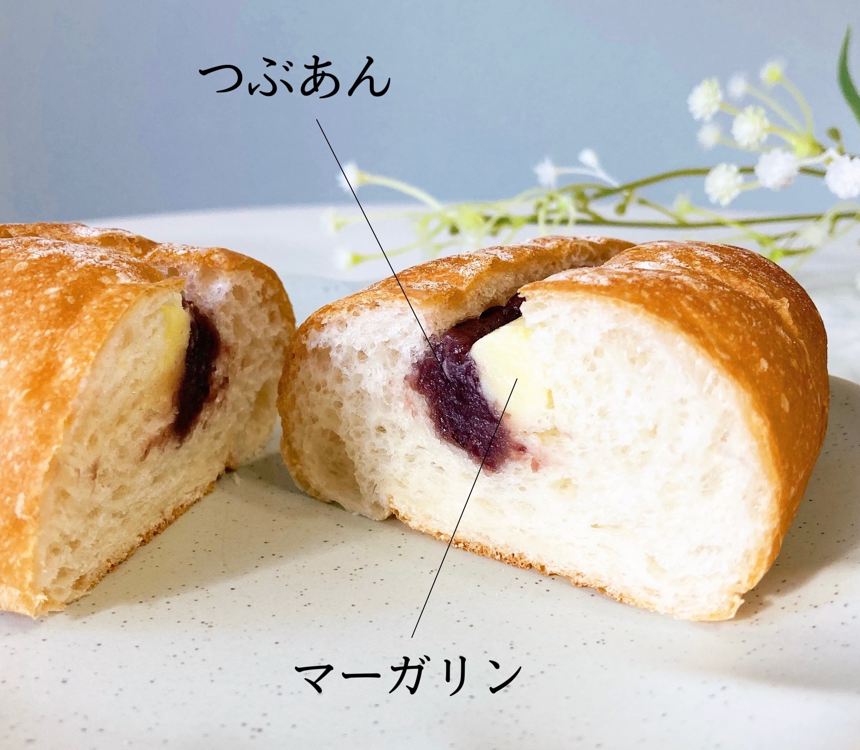 つぶあんとマーガリンが入ったパンの断面図。パンは半分に切られ、それぞれの中身が見える。