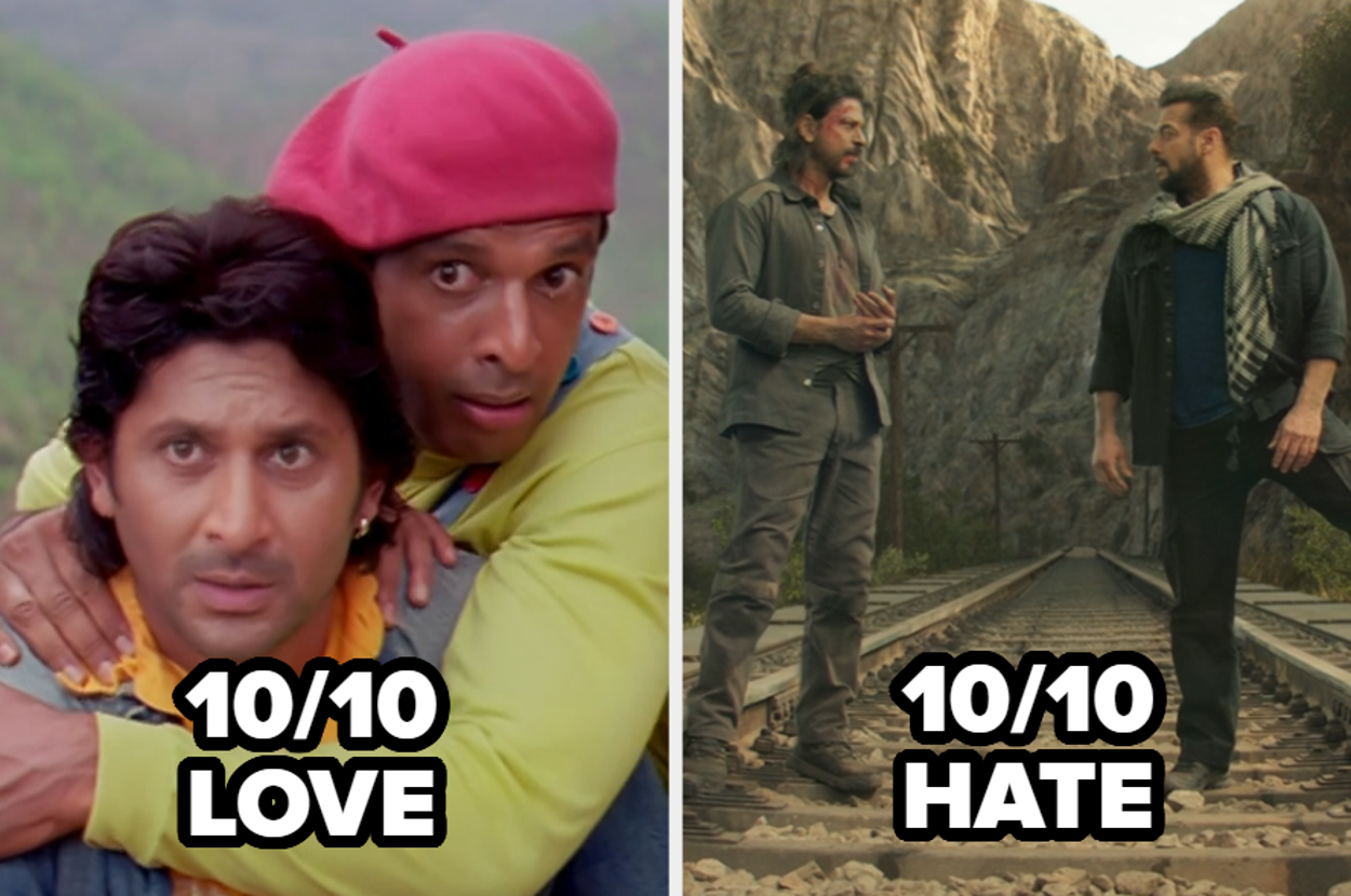 Two movie scenes: left shows a playful embrace labeled "10/10 Love," right shows a tense standoff on train tracks labeled "10/10 Hate."