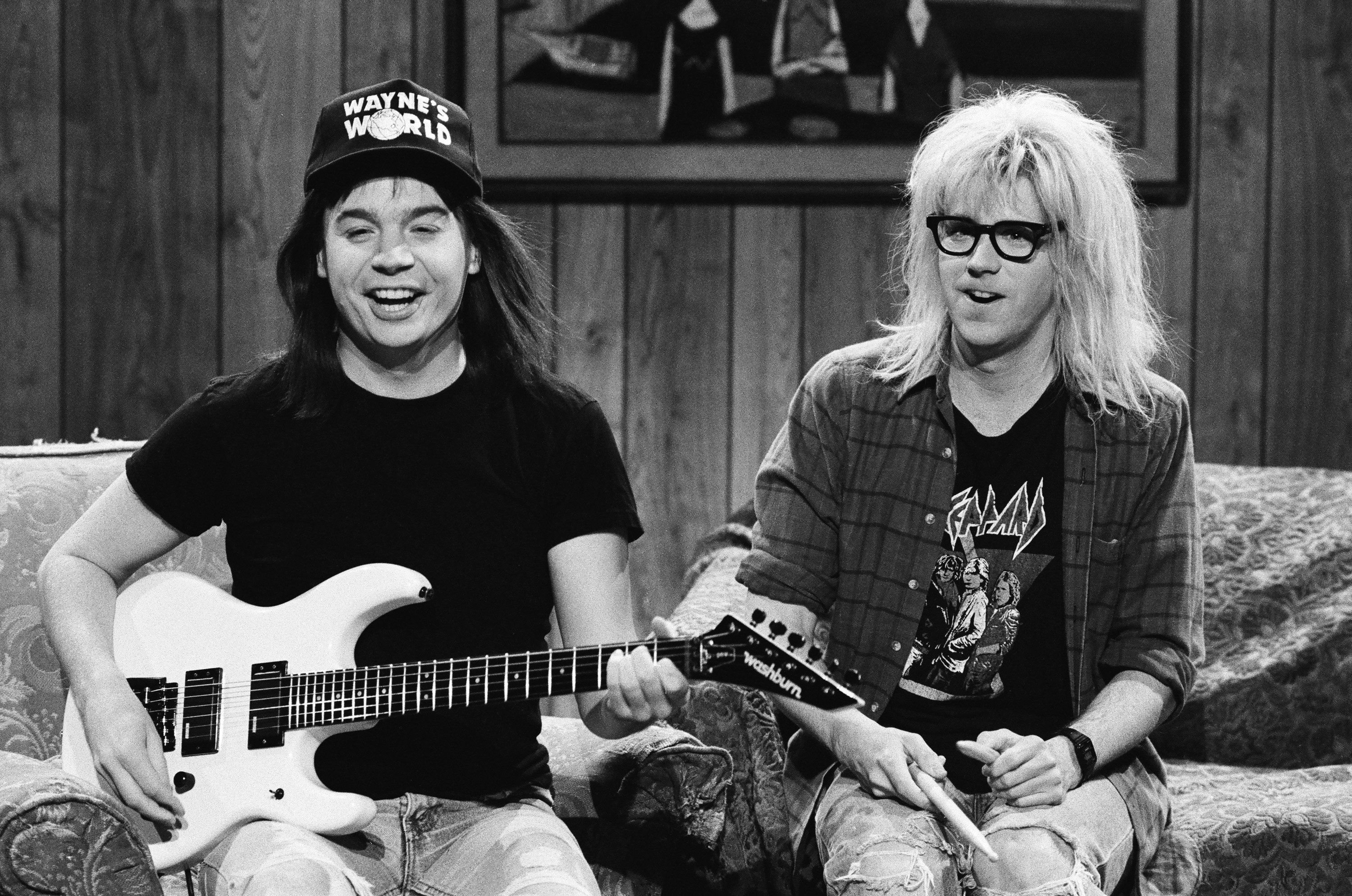 Mike Myers as Wayne Campbell and Dana Carvey as Garth Algar during an episode of "Saturday Night Live."