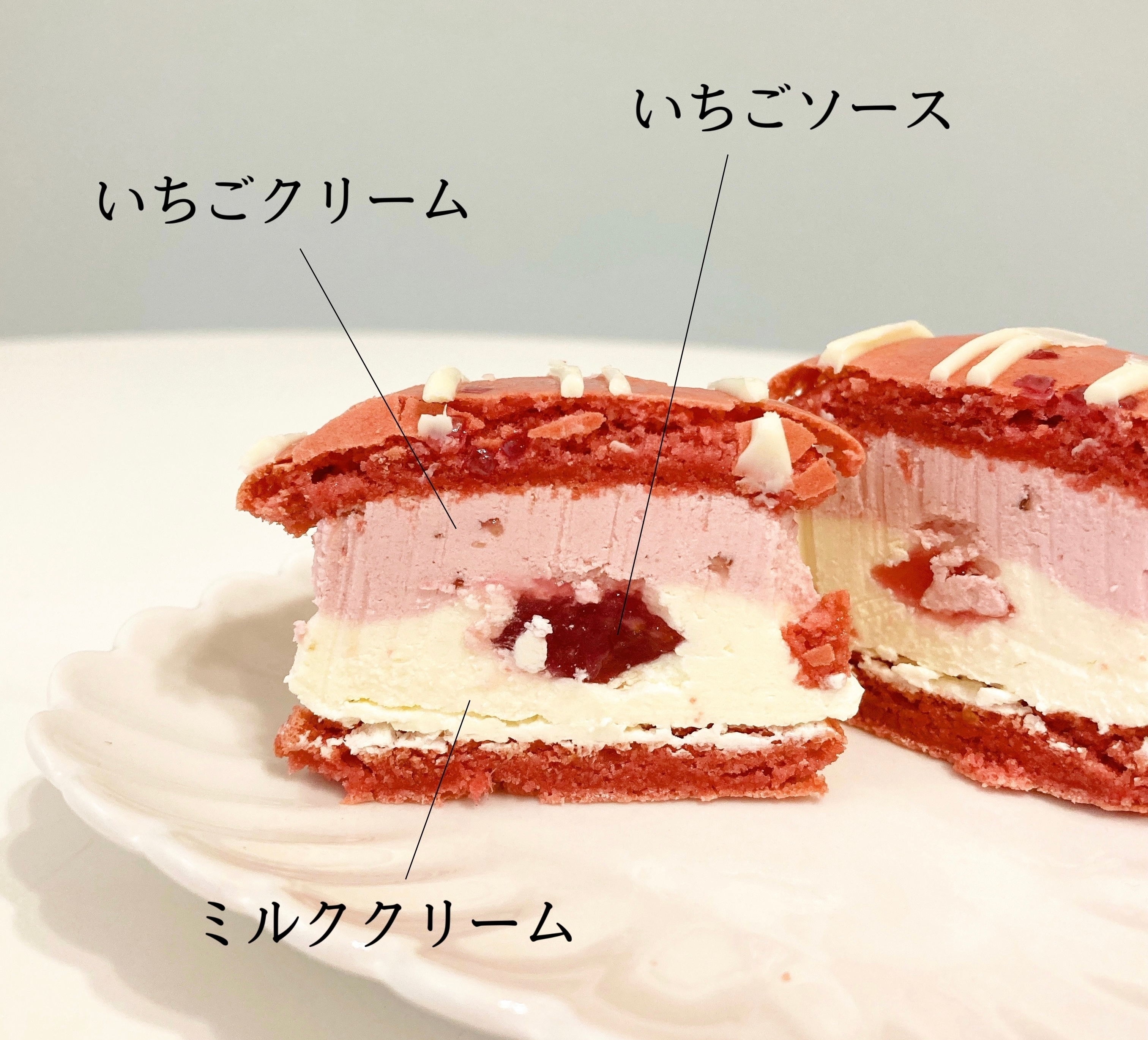 いちごとミルククリームを挟んだデザートの断面、いちごソースの位置が示されています。