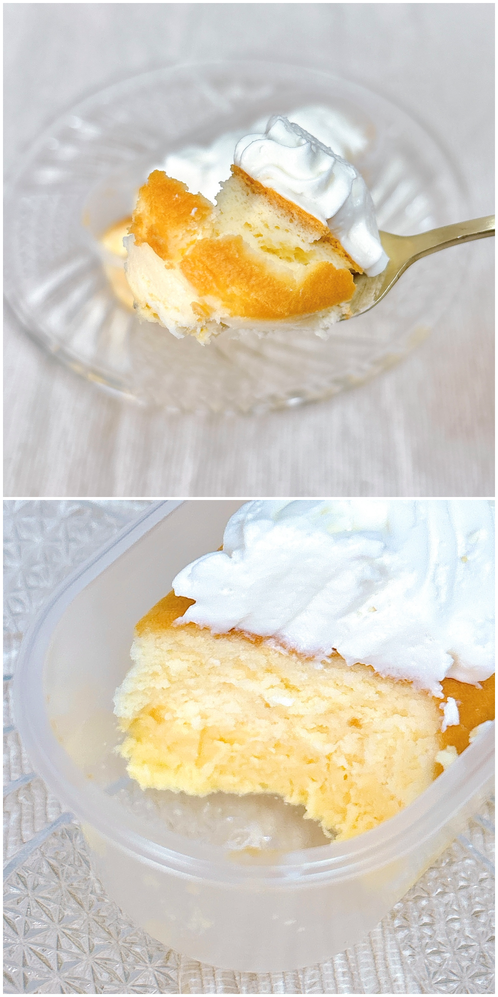 フォークで持ち上げられたクリームが乗った一切れの柔らかいケーキ。