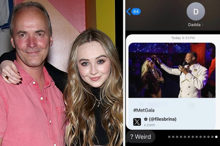 A person in a tuxedo feeds a snack to another person in stylish attire at an event; a phone screen shows the image shared with the text, &ldquo;Weird.&quot;