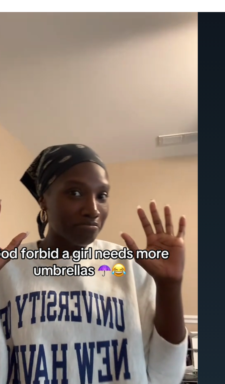 Doechii gesturing with her hands. Screen text: &quot;God forbid a girl needs more umbrellas.&quot;